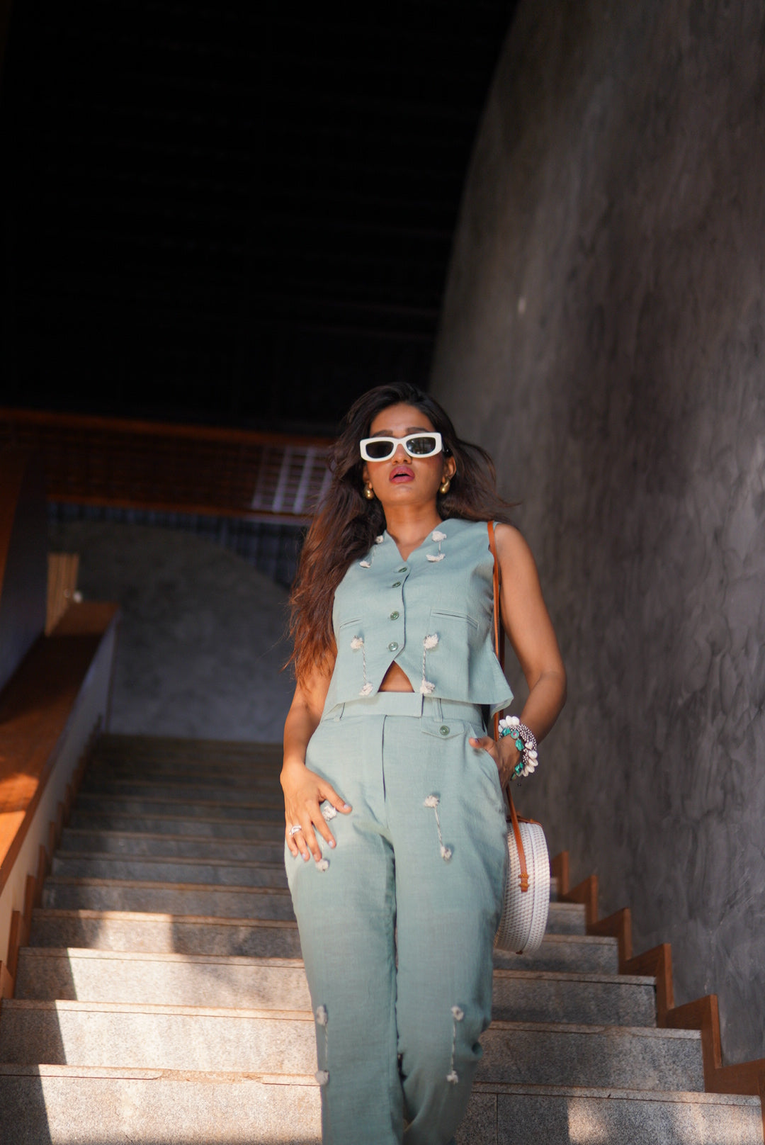 SHABNAM FATHIMA IN TEAL MIRI WAISTCOAT CO-ORD SET