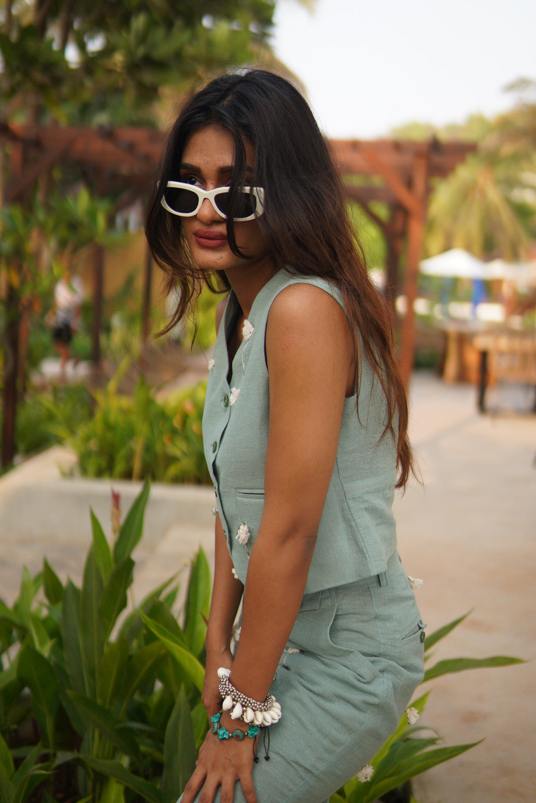 SHABNAM FATHIMA IN TEAL MIRI WAISTCOAT CO-ORD SET