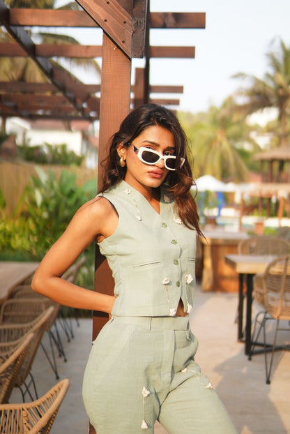 SHABNAM FATHIMA IN TEAL MIRI WAISTCOAT CO-ORD SET